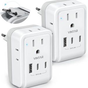2 Pack European Travel Plug Adapter, VINTAR Foldable International Power Adapter with 4 AC Outlets 3 USB Ports(2 USB C), Type C Adaptor Charger for US to Most of Europe EU Italy Spain France Iceland