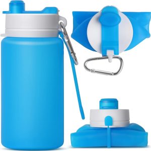Collapsible Water Bottle, Foldable Water Bottle for Travel & Collapsable Water Bottle with Clip for Backpack, Portable Silicone Water Bottle, Collapse Water Bottle for Travel (20oz, Blue)