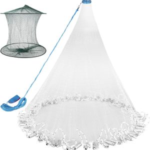 Neween Cast Net for Fishing with Shrimp Cage, American Freshwater Saltwater 3/4/5/6/7/8/9/10Ft Radius Casting Net Bait Trap Fish, Heavy Duty Zinc Sinker, 3/8 Inch Mesh Size